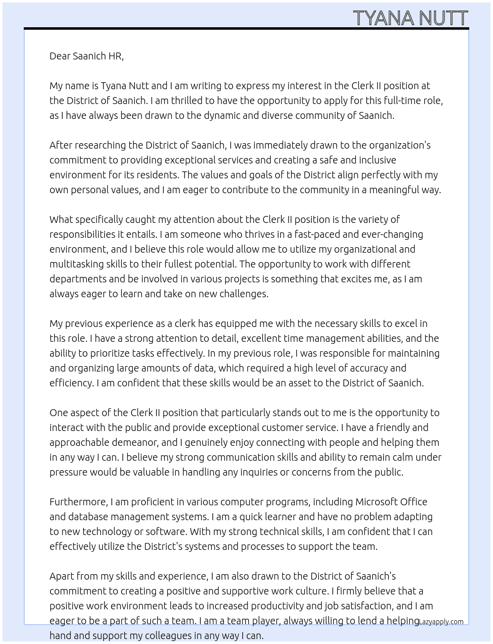 Clerk II At District of Saanich Cover Letter