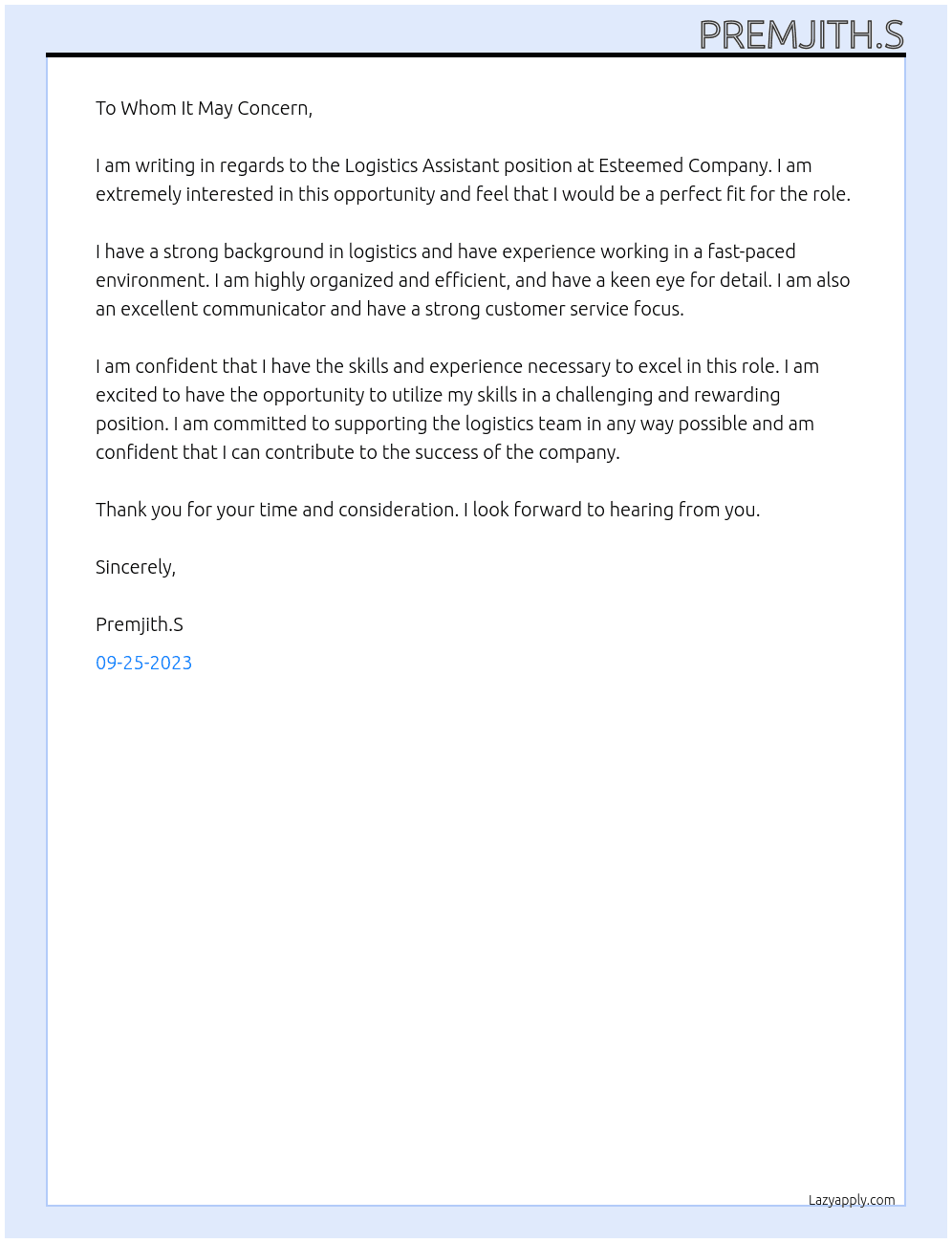 Logistic Assistant  At Esteemed Company  Cover Letter