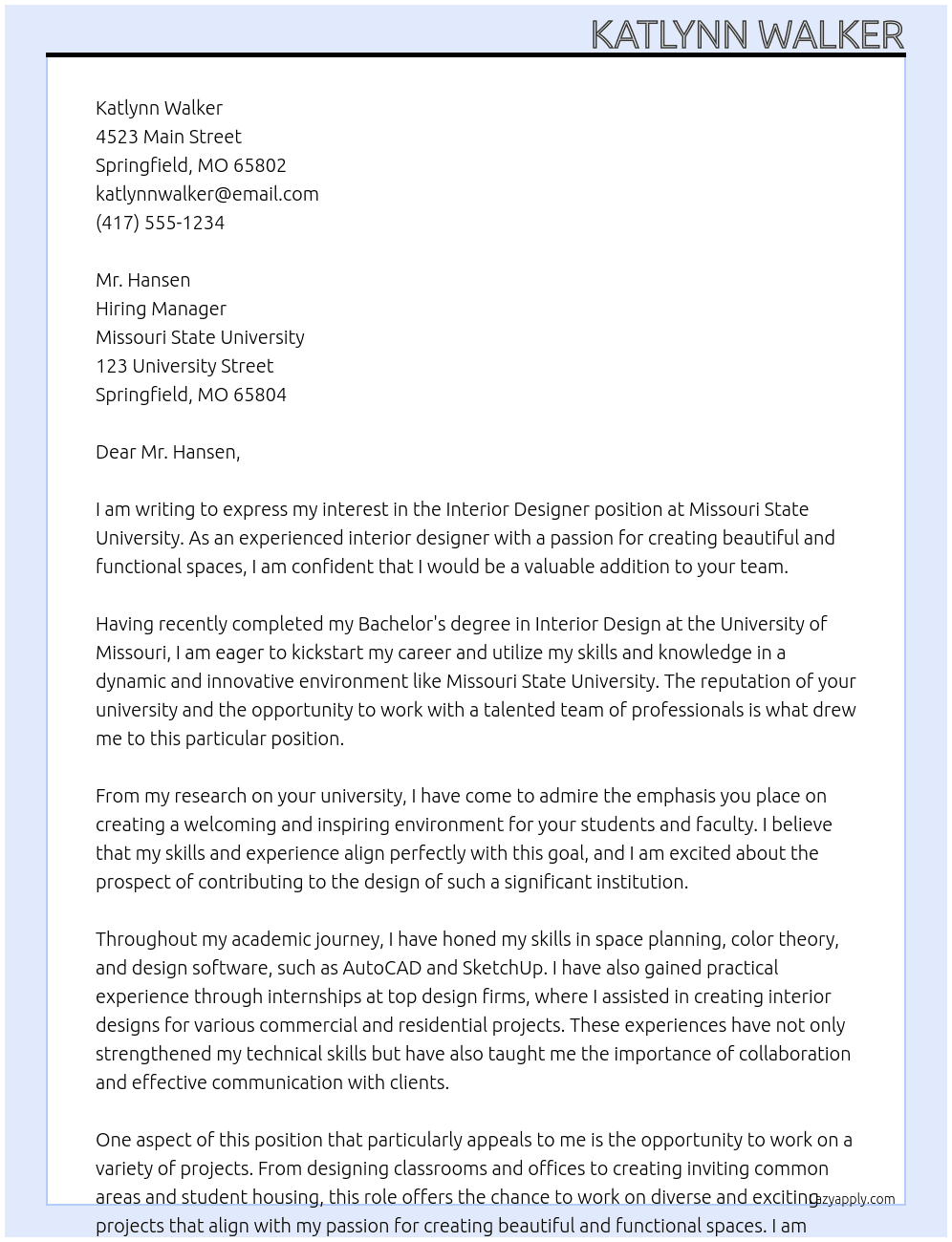 Interior Designer At Missouri State University Cover Letter
