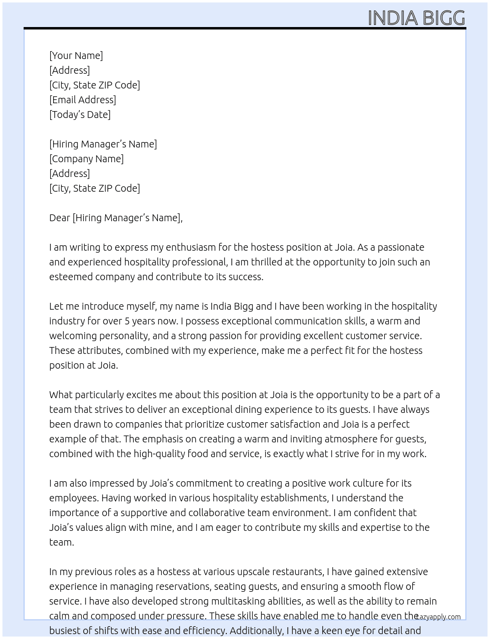 hostess At Joia Cover Letter