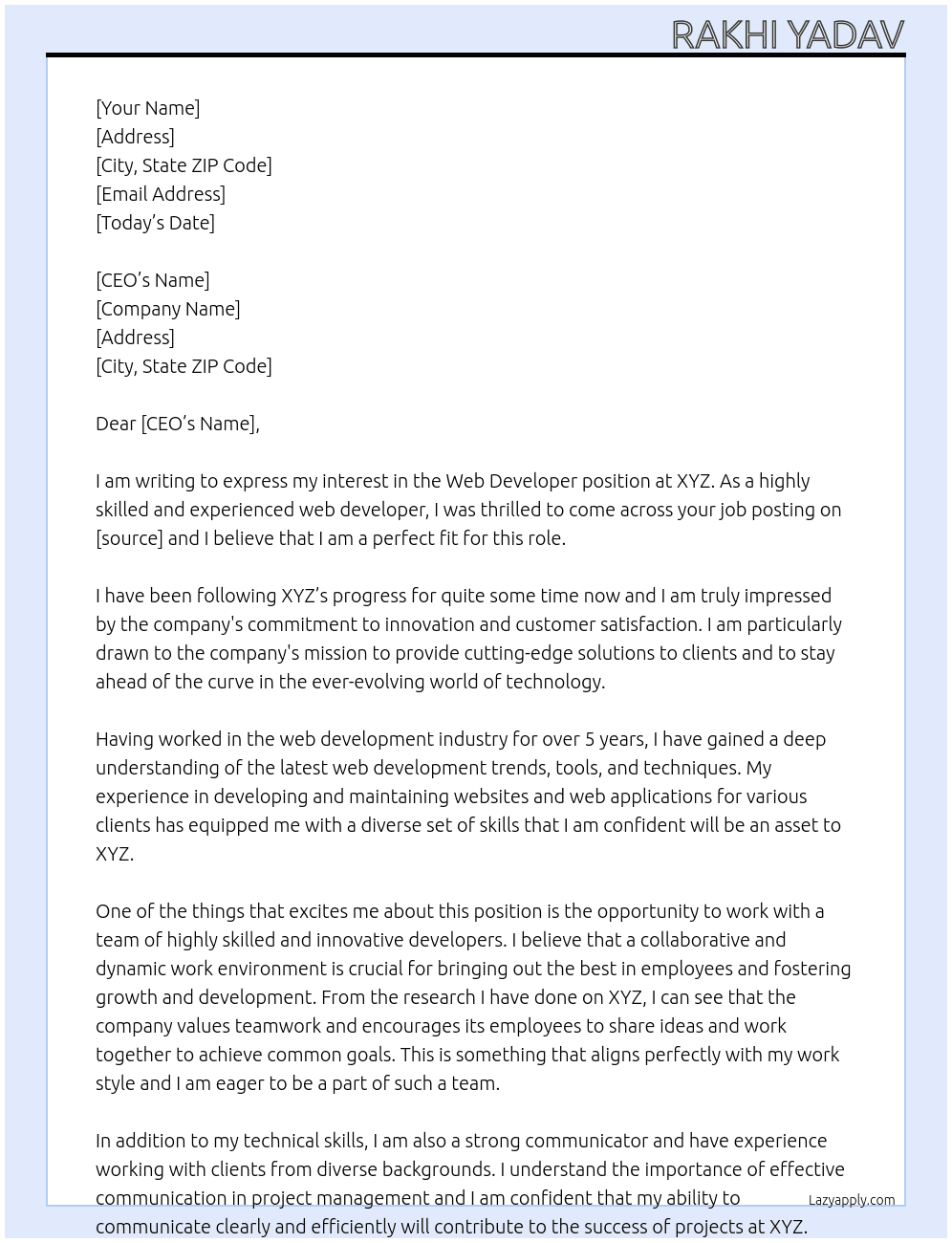 Web Developer  At XYZ Cover Letter