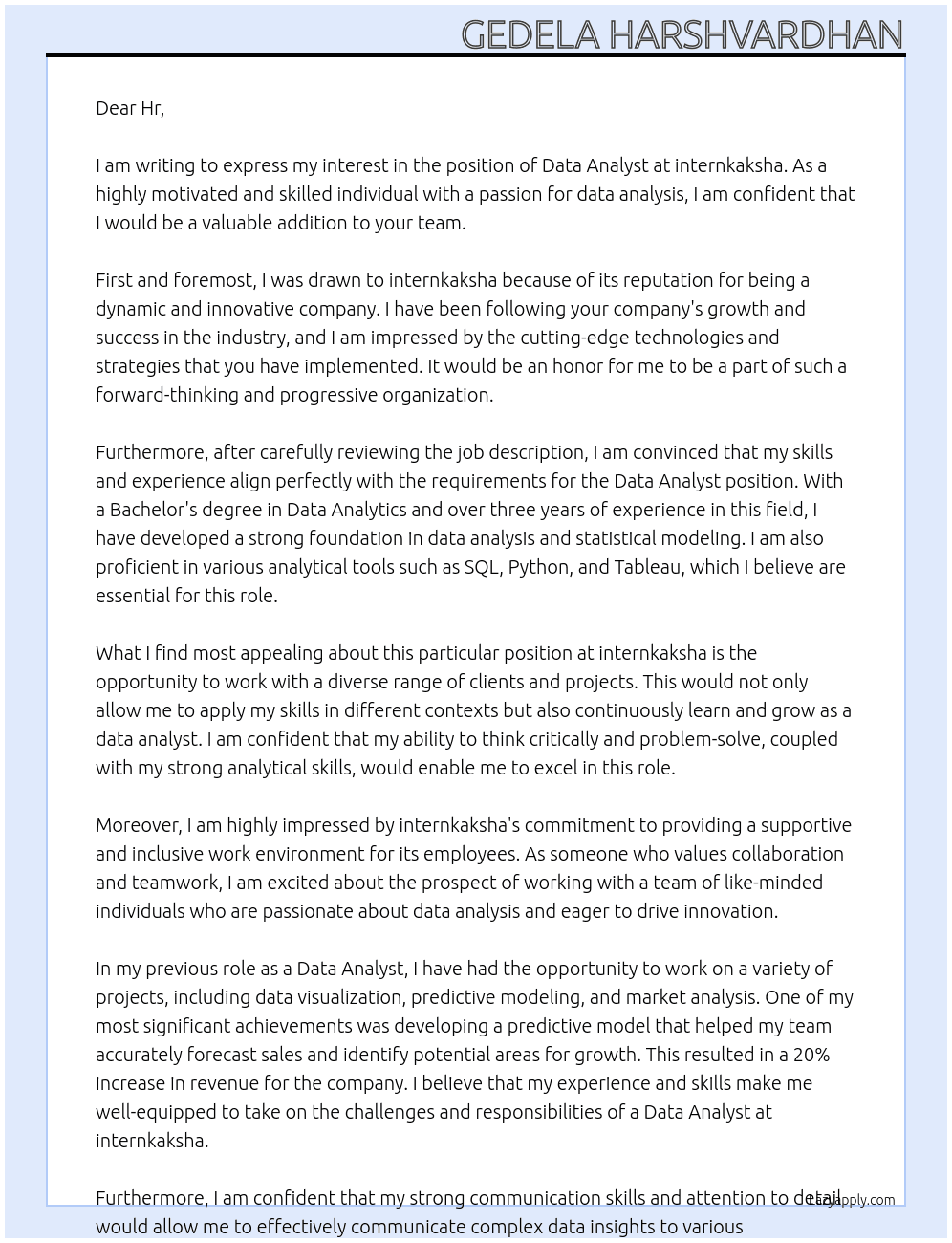 Data Analyst At internkaksha Cover Letter