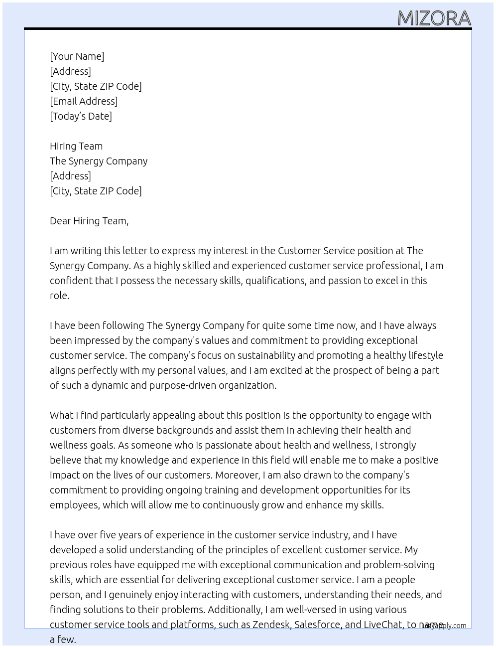 Customer Service At The Synergy Company Cover Letter
