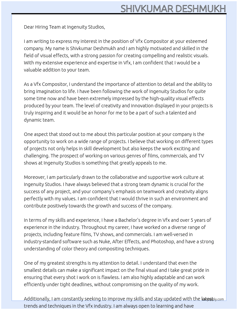 Vfx Compositor At Ingenuity Studios  Cover Letter