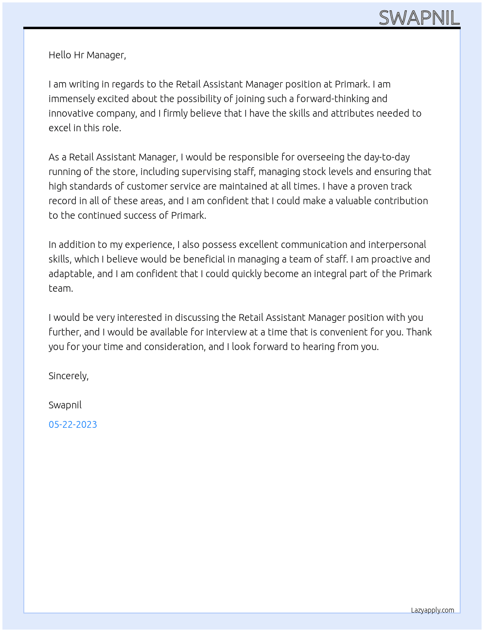 Retail Assistant Manager At Primark Cover Letter