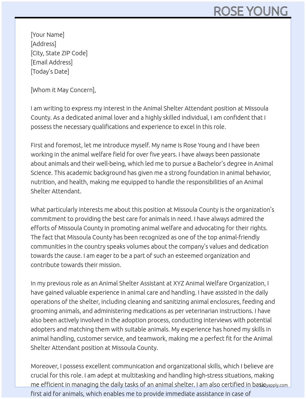 Animal shelter attendant  At Missoula County  Cover Letter