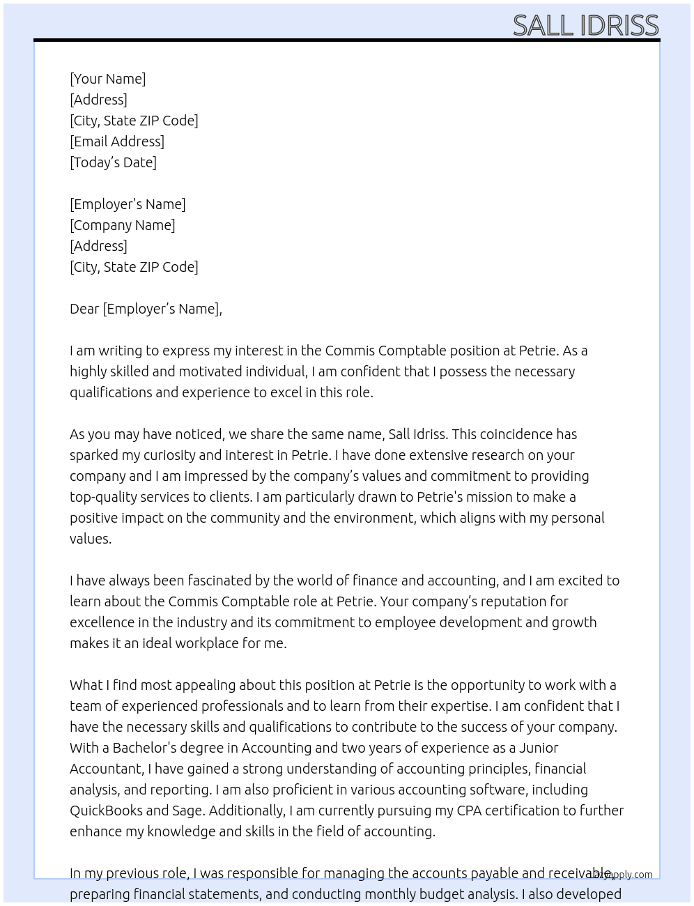 commis comptable At Petrie Cover Letter