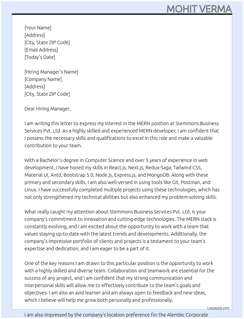 MERN At Stemmons Business Services Pvt. Ltd. Cover Letter