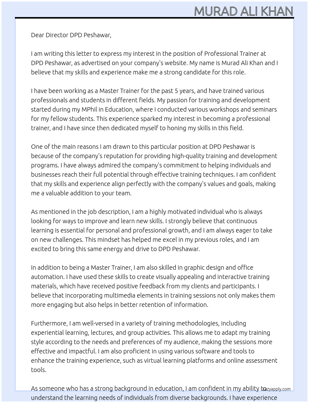 Proffesional trainer  At DPD Peshawar Cover Letter