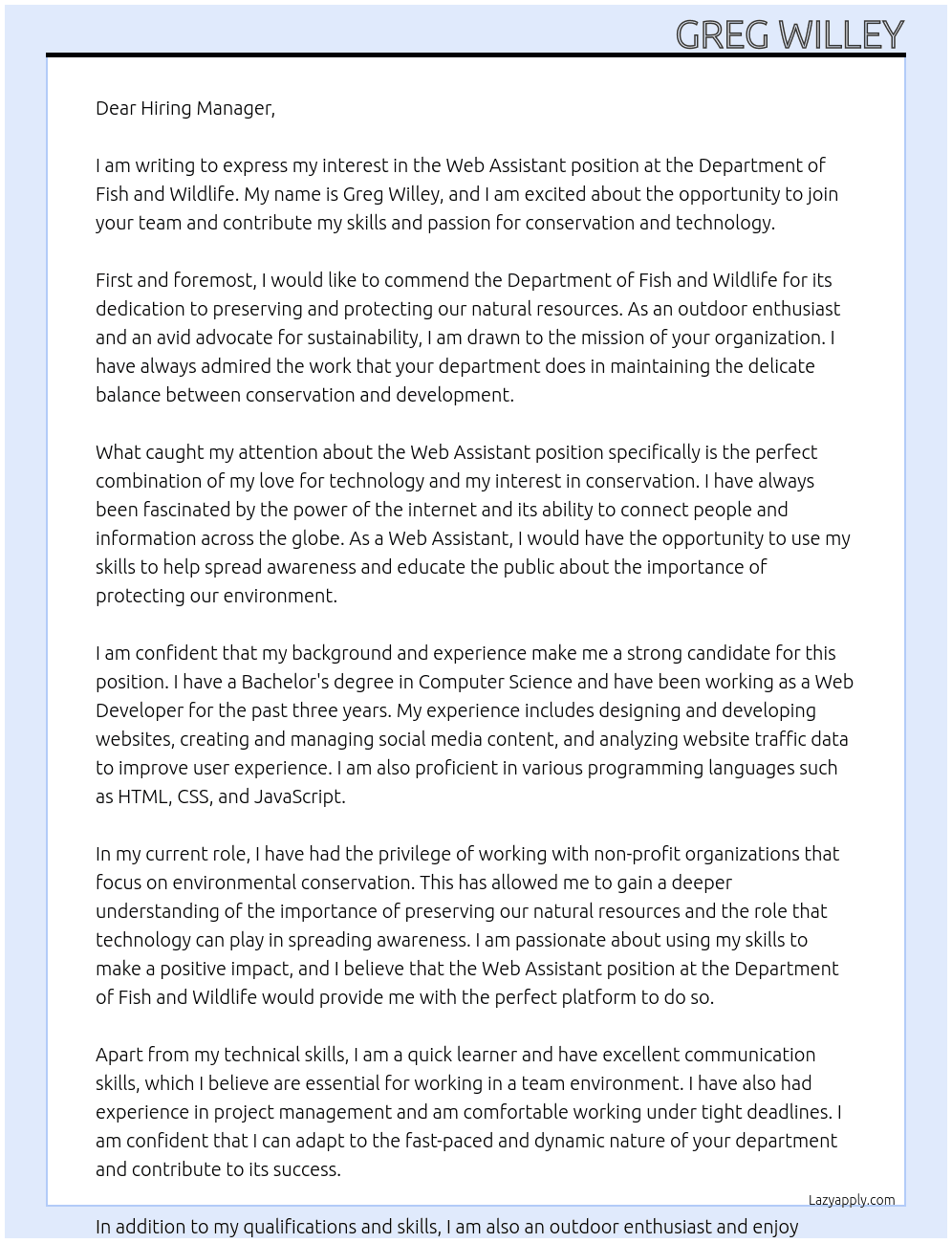 Web assistant At Department of Fish and Wildlife Cover Letter
