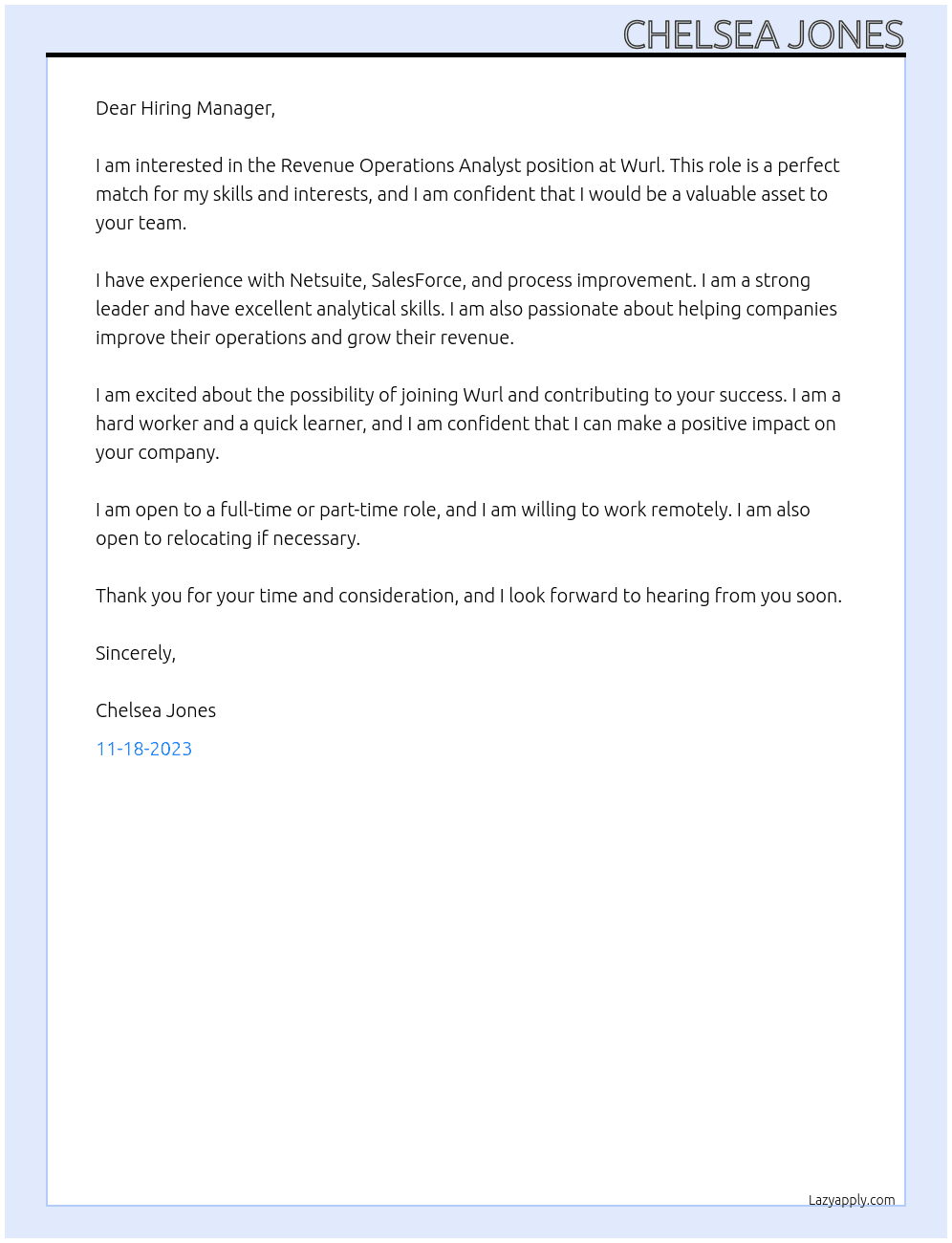 Revenue Operations Analyst At Wurl Cover Letter