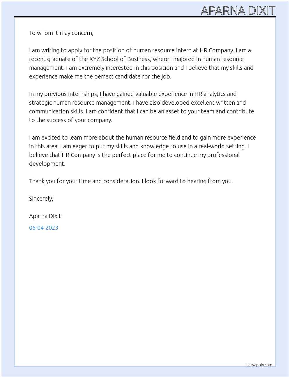 human resource intern At HR Company Cover Letter