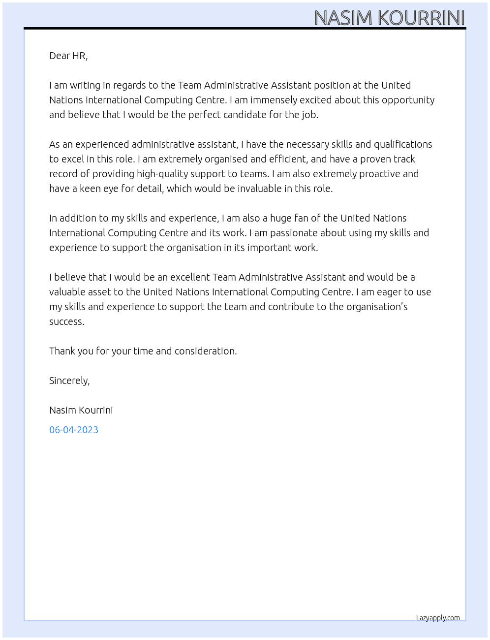 Team Administrative Assistant At United Nations International Computing Centre Cover Letter