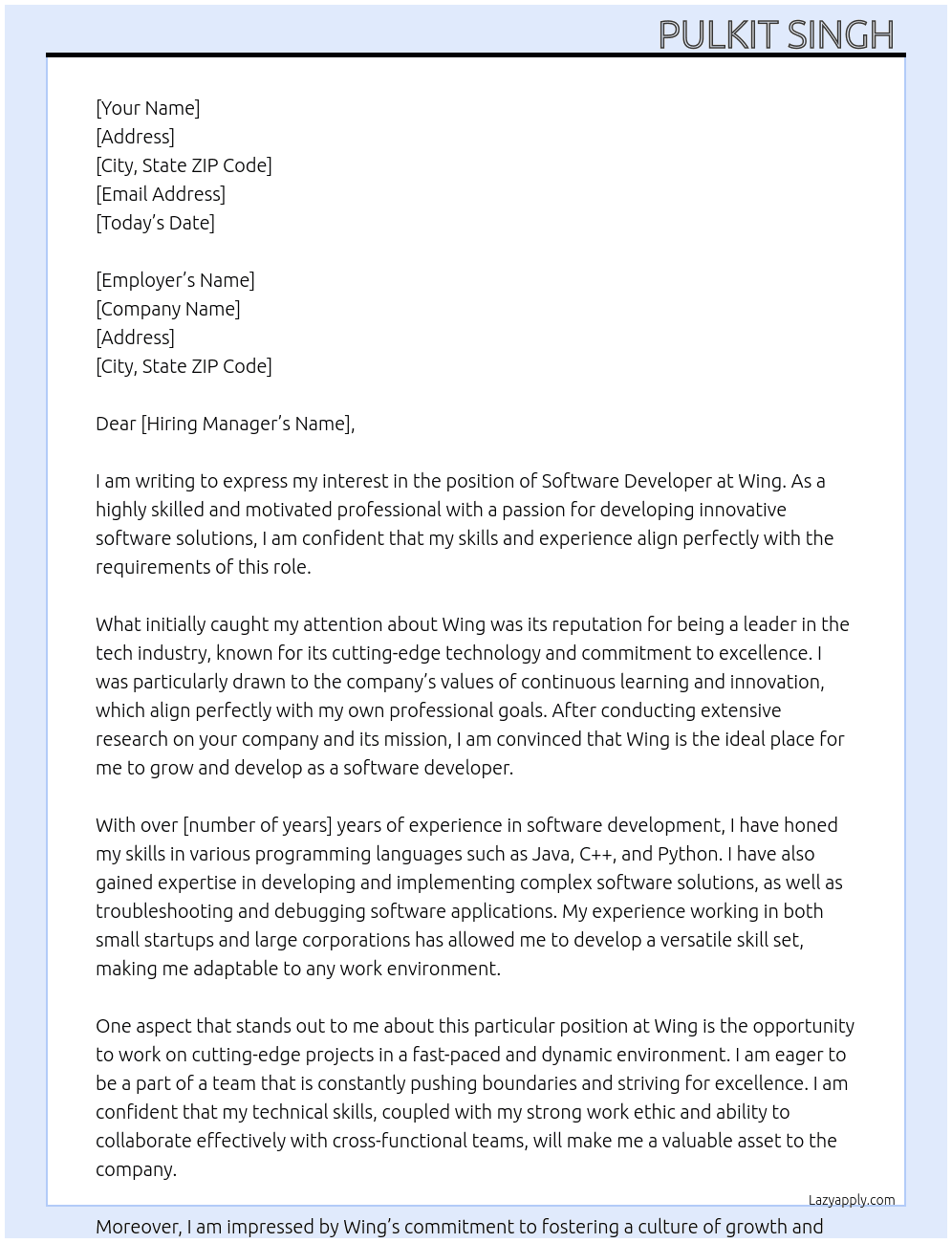 Software developer  At Wing  Cover Letter