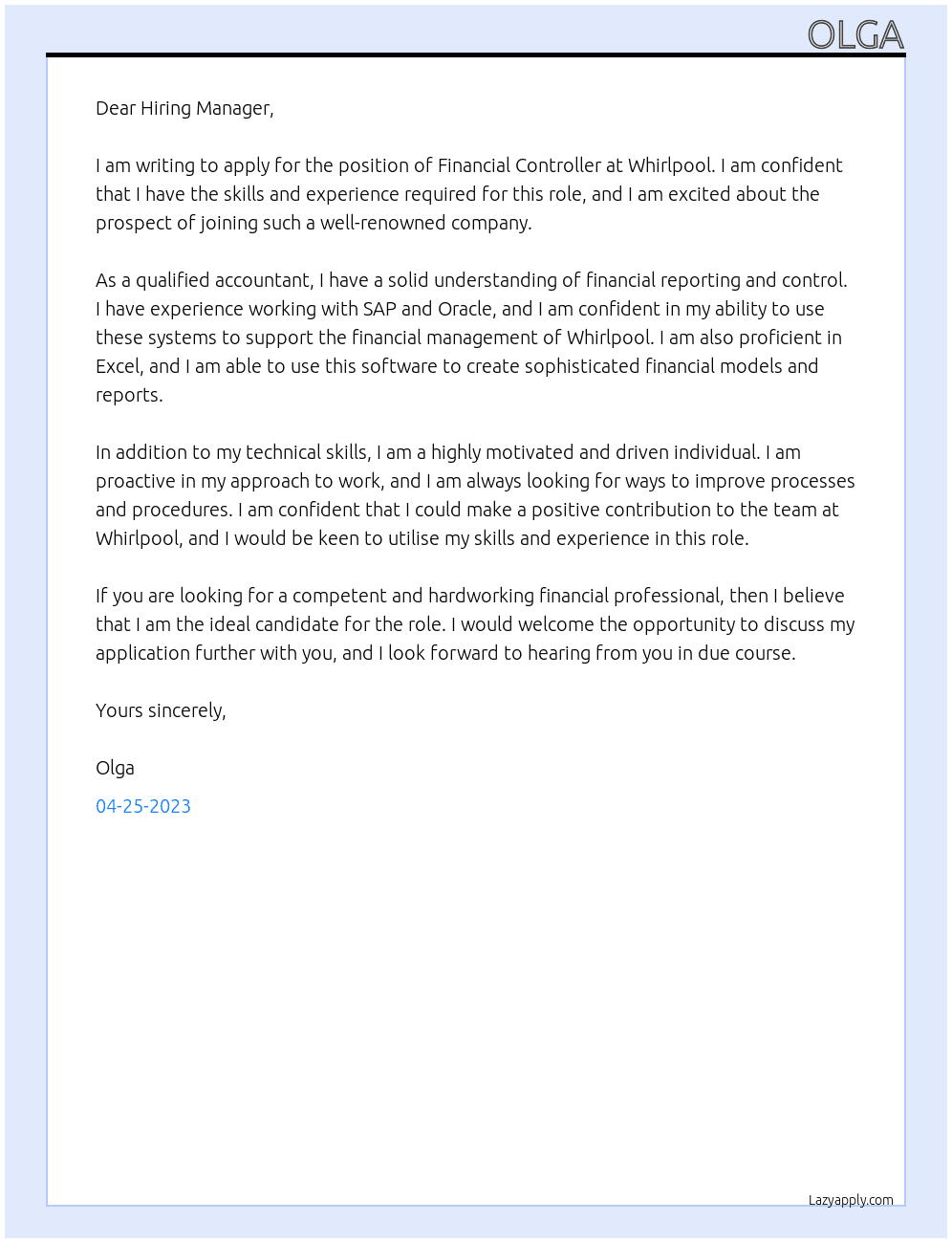 Financial Controller At Whirlpool Cover Letter