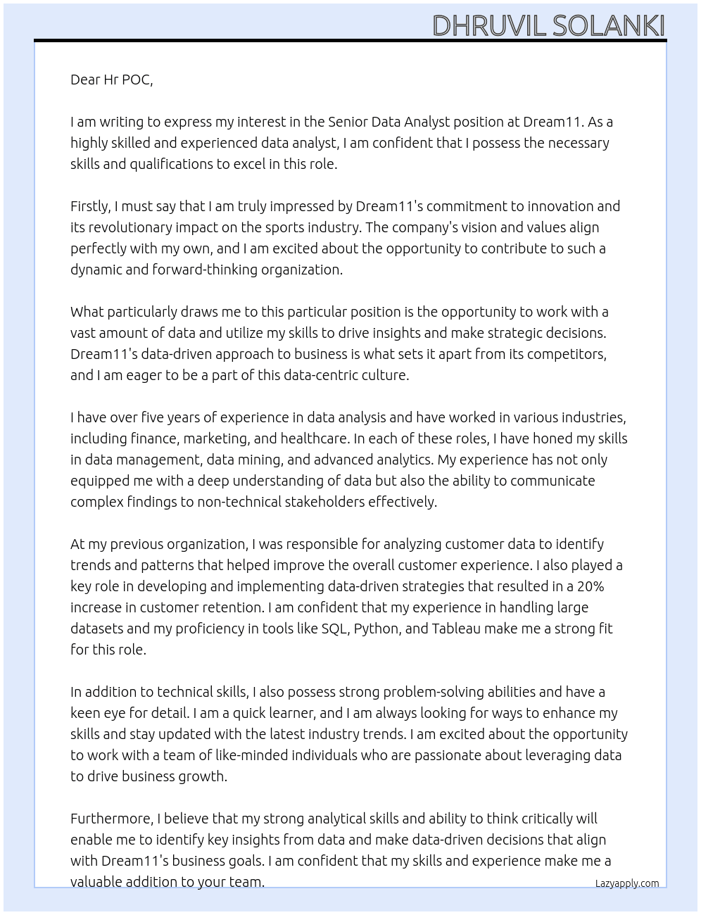 Senior Data Analyst At Dream11 Cover Letter