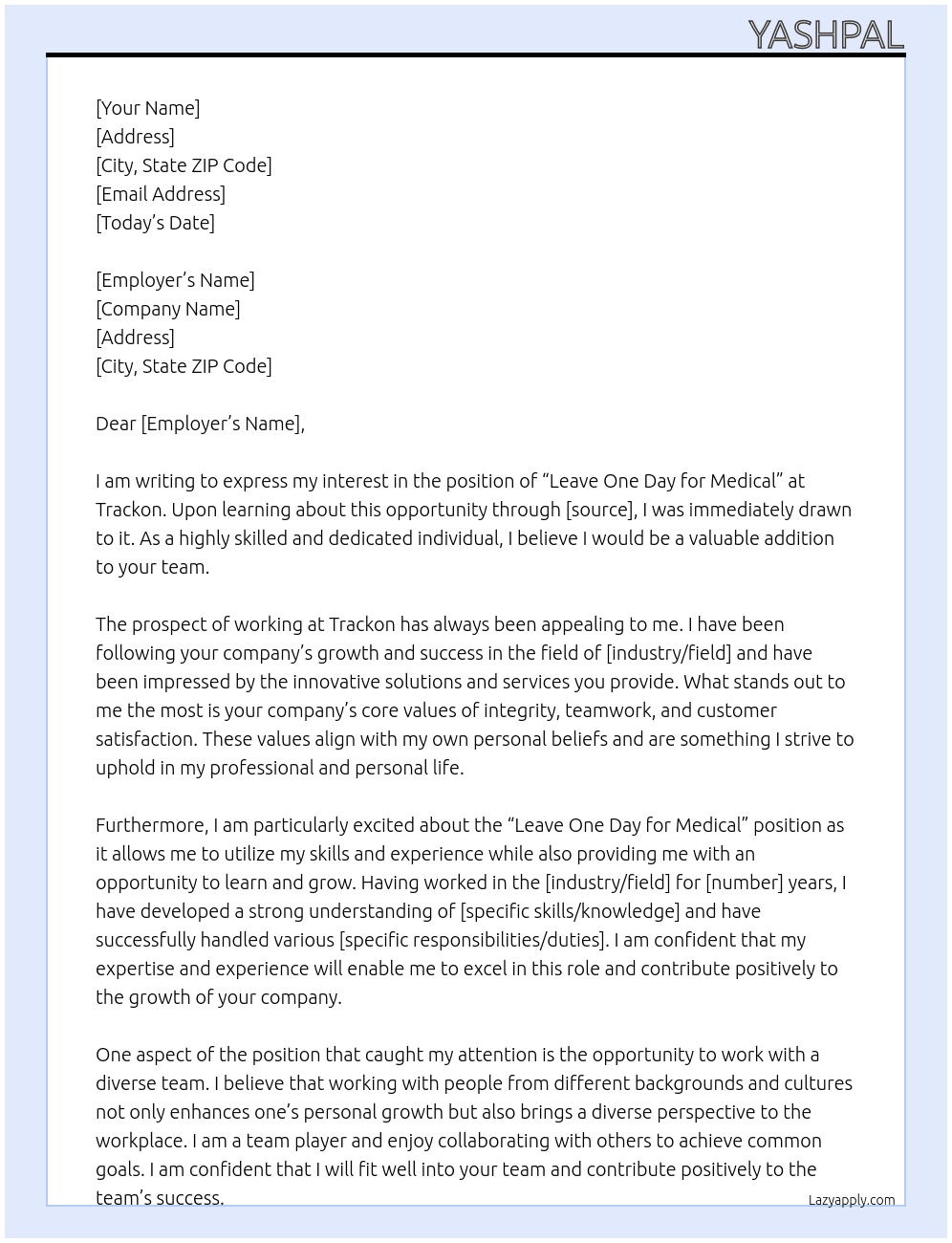 LEAVE ONE DAY FOR MEDICLE At TRACKON Cover Letter