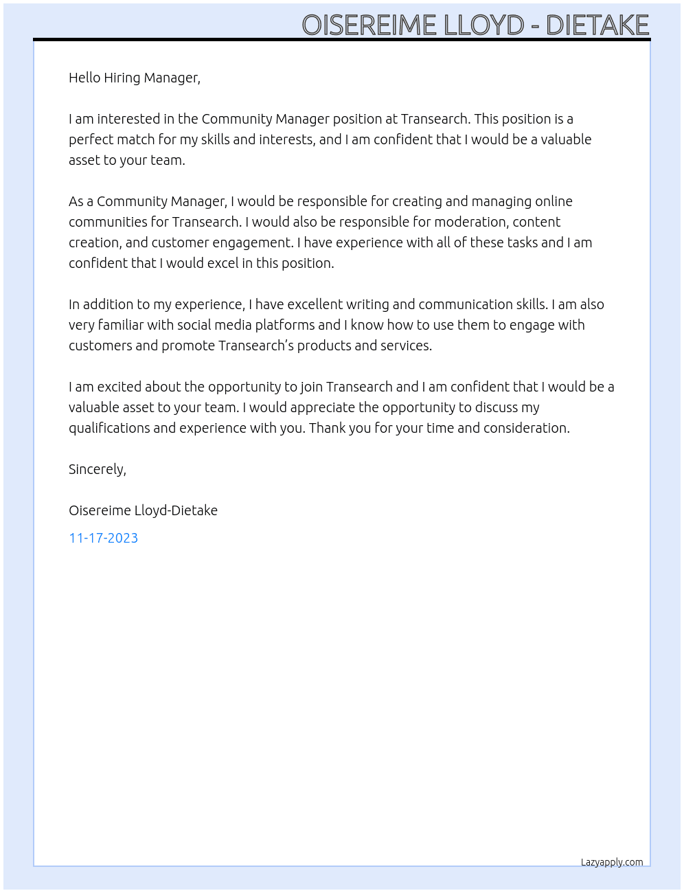 Community Manager At Transearch  Cover Letter