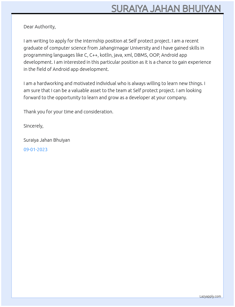 internship At Self protect project  Cover Letter