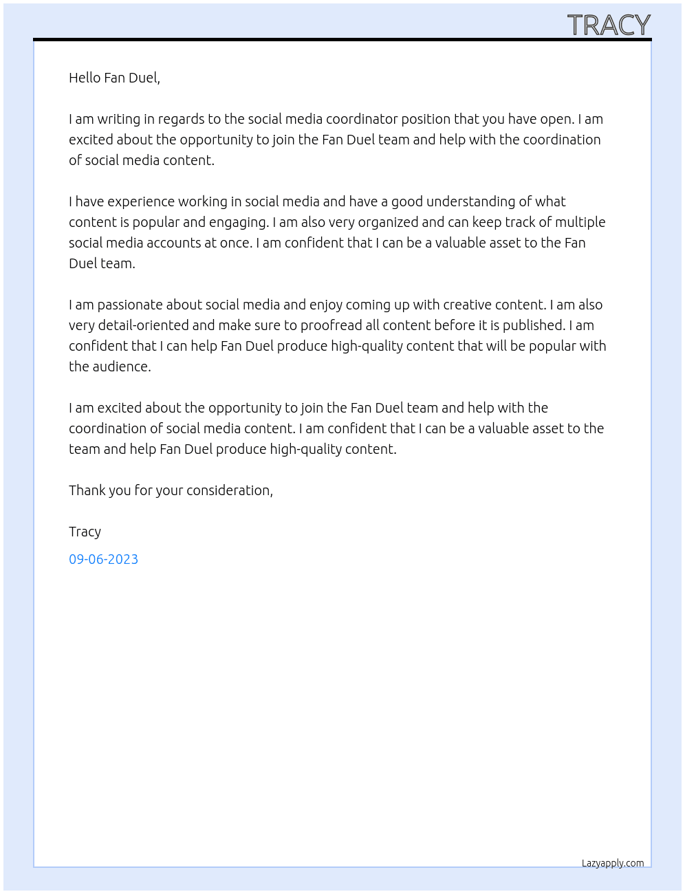 social Media Coordination At Fan Duel Cover Letter