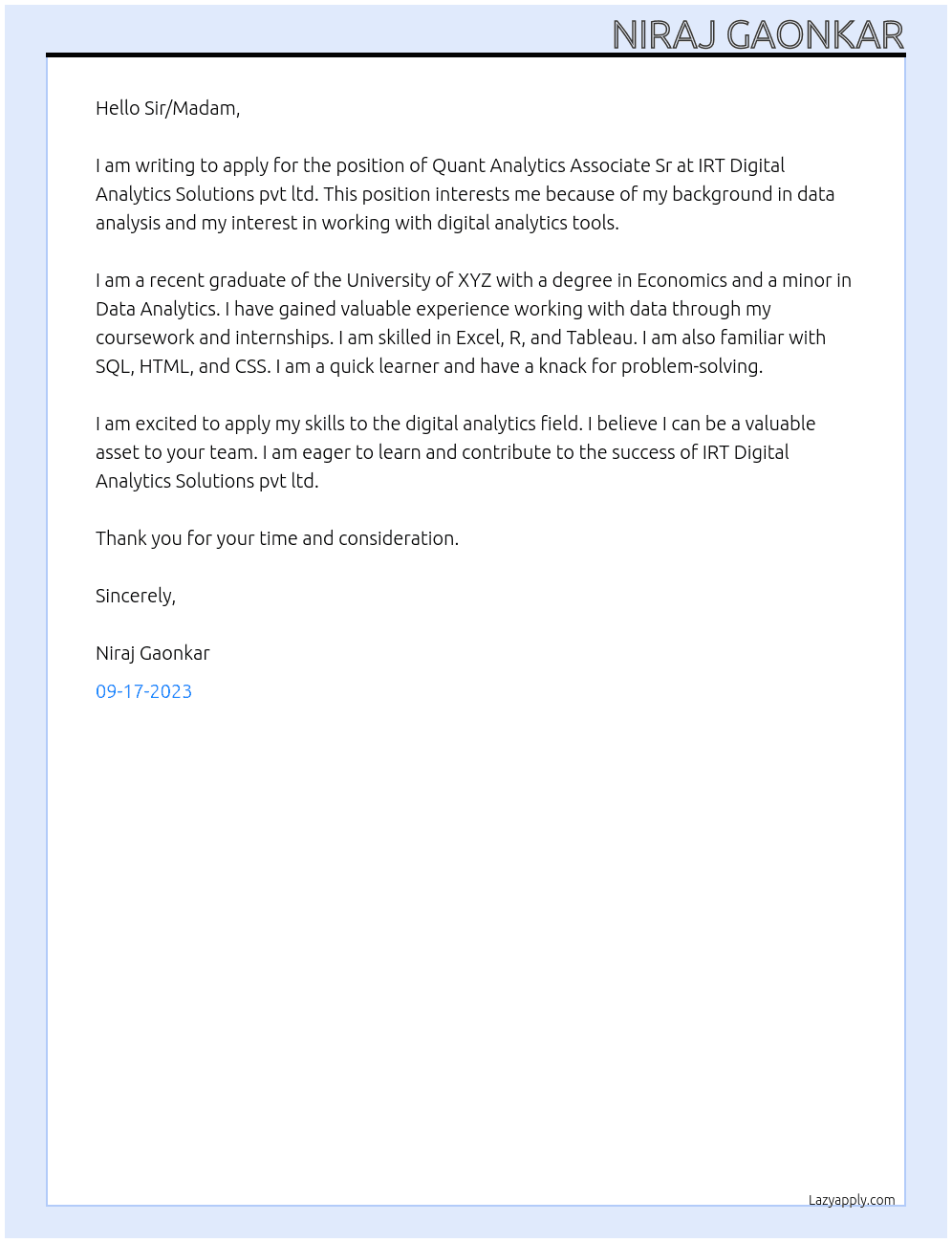Quant Analytics Associate Sr At IRT Digital Analytics Solutions pvt ltd Cover Letter