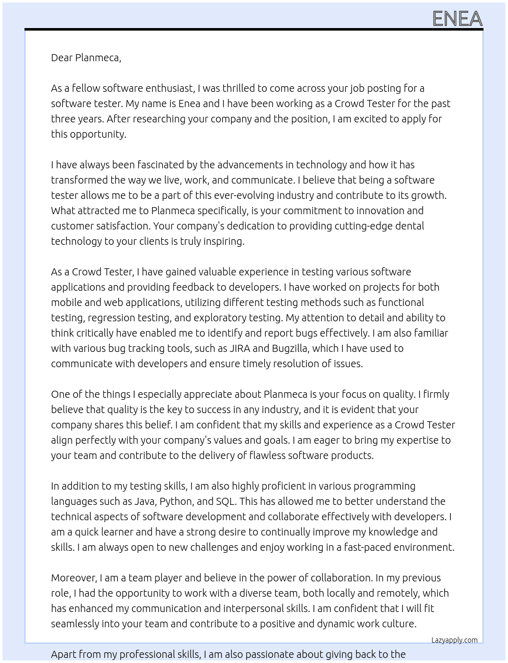 software tester At Planmeca Cover Letter