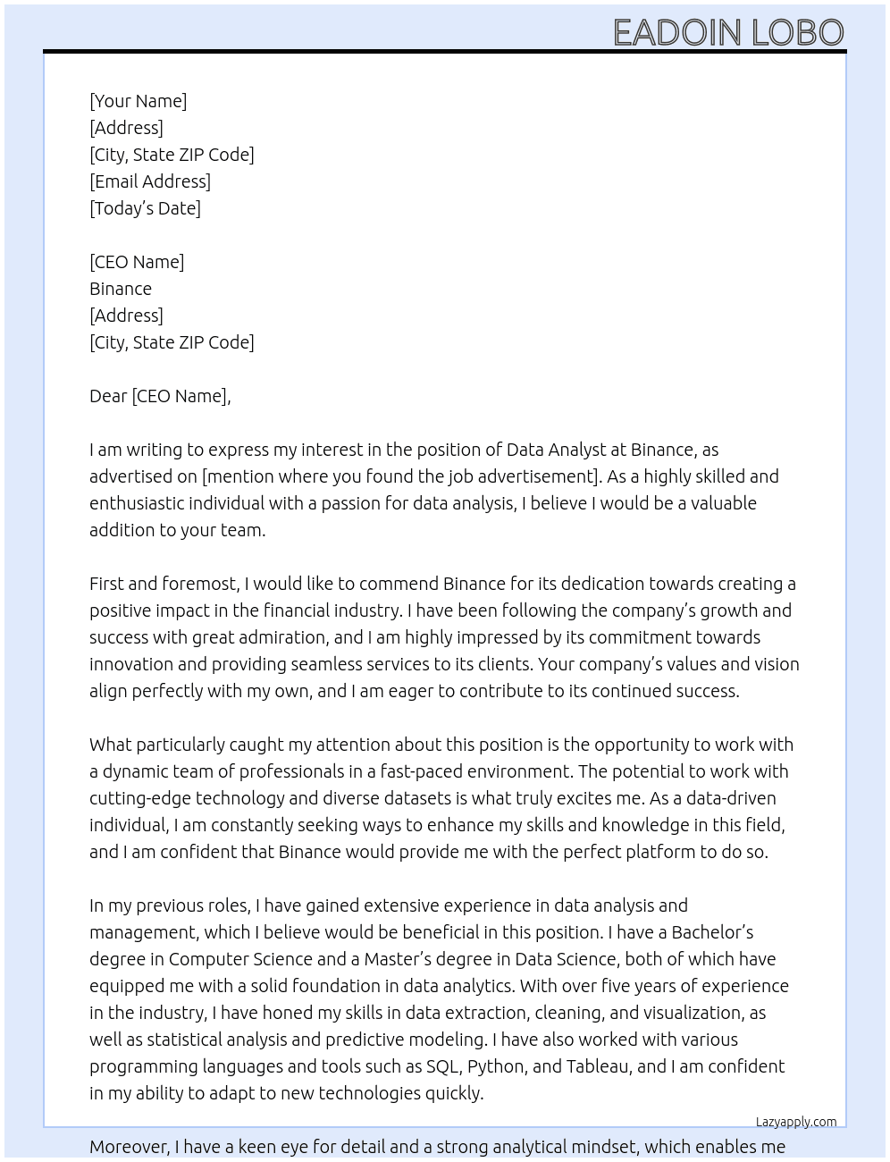 data analayst At binance Cover Letter