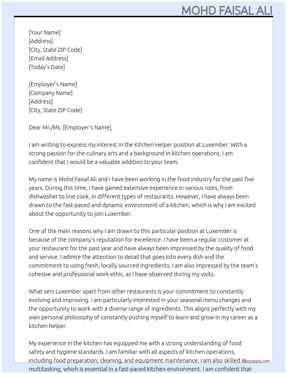 Kitchen helper At Luxember Cover Letter