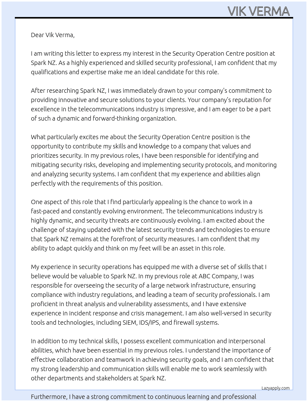 Security Operation Centre  At Spark NZ Cover Letter