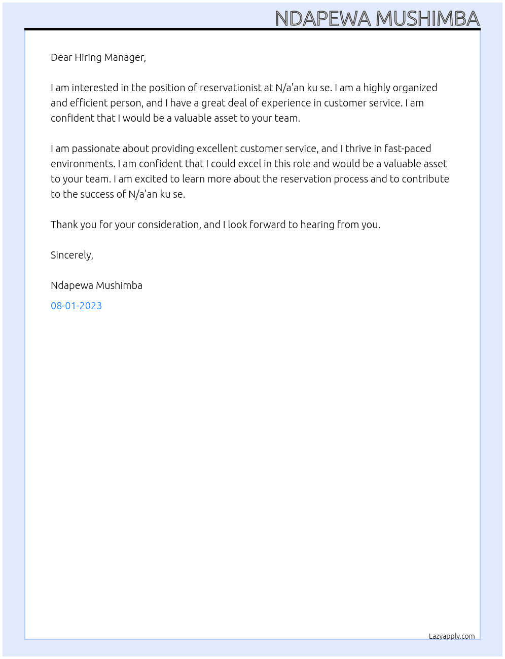 reservationist At N/a'an ku se Cover Letter