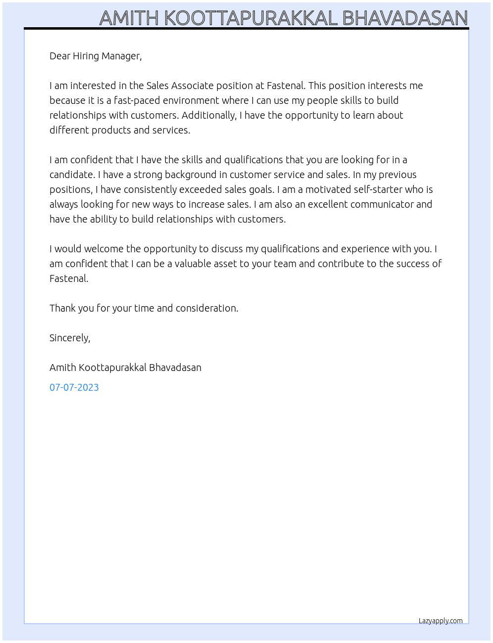 Sales Associate At fastenal Cover Letter