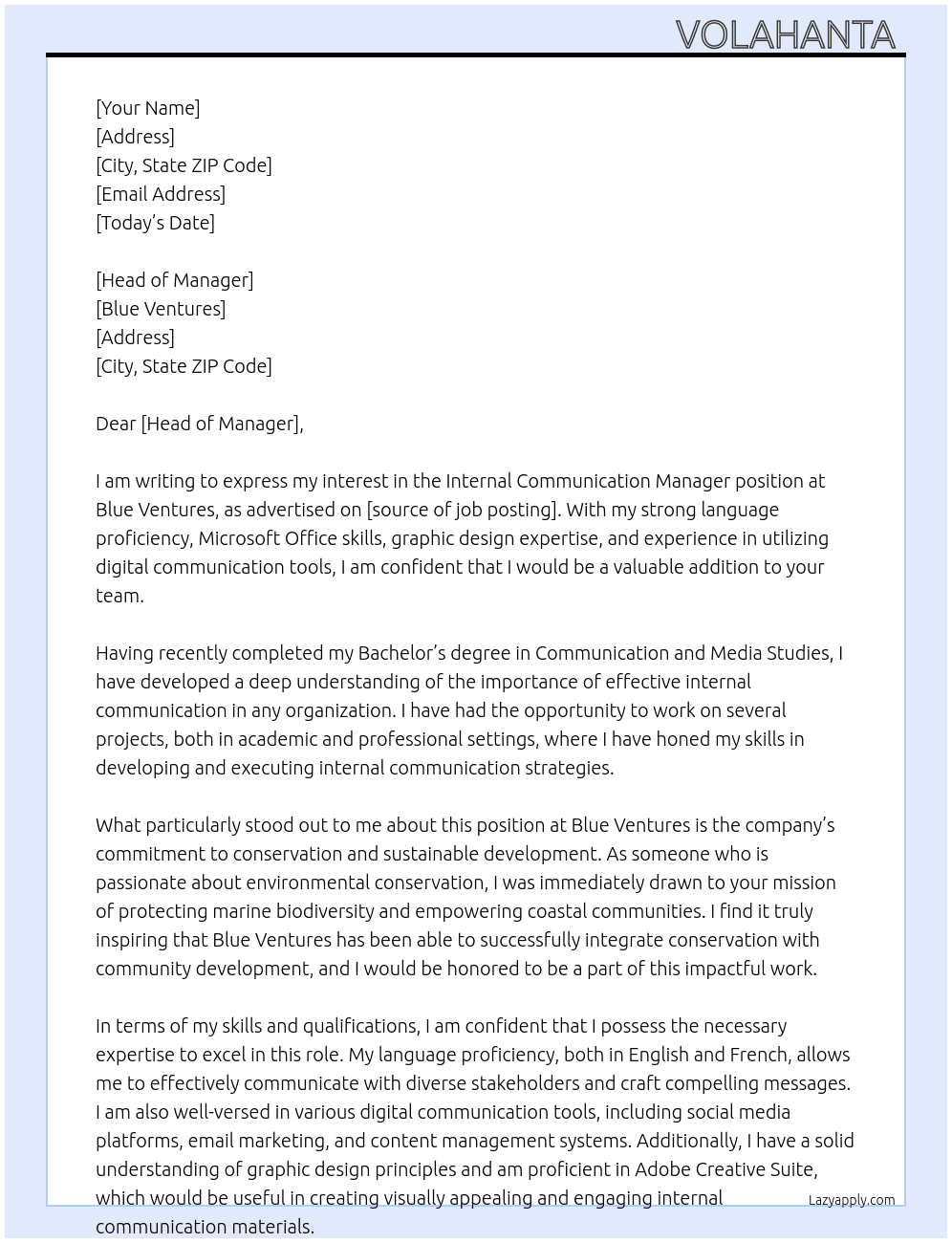 Internal Communication Manager At Blue Ventures  Cover Letter