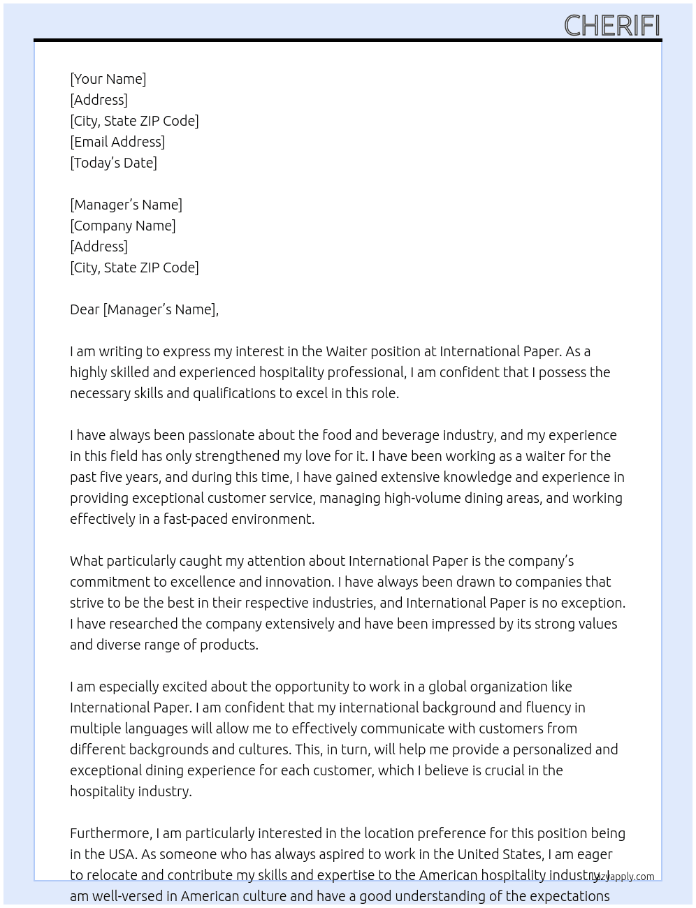 Waiter At International paper Cover Letter