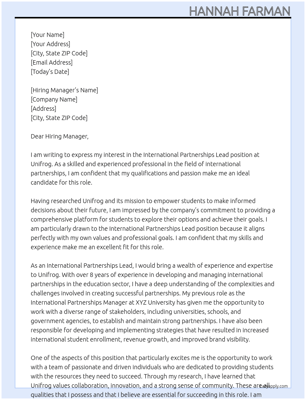 International partnerships lead At Unifrog Cover Letter