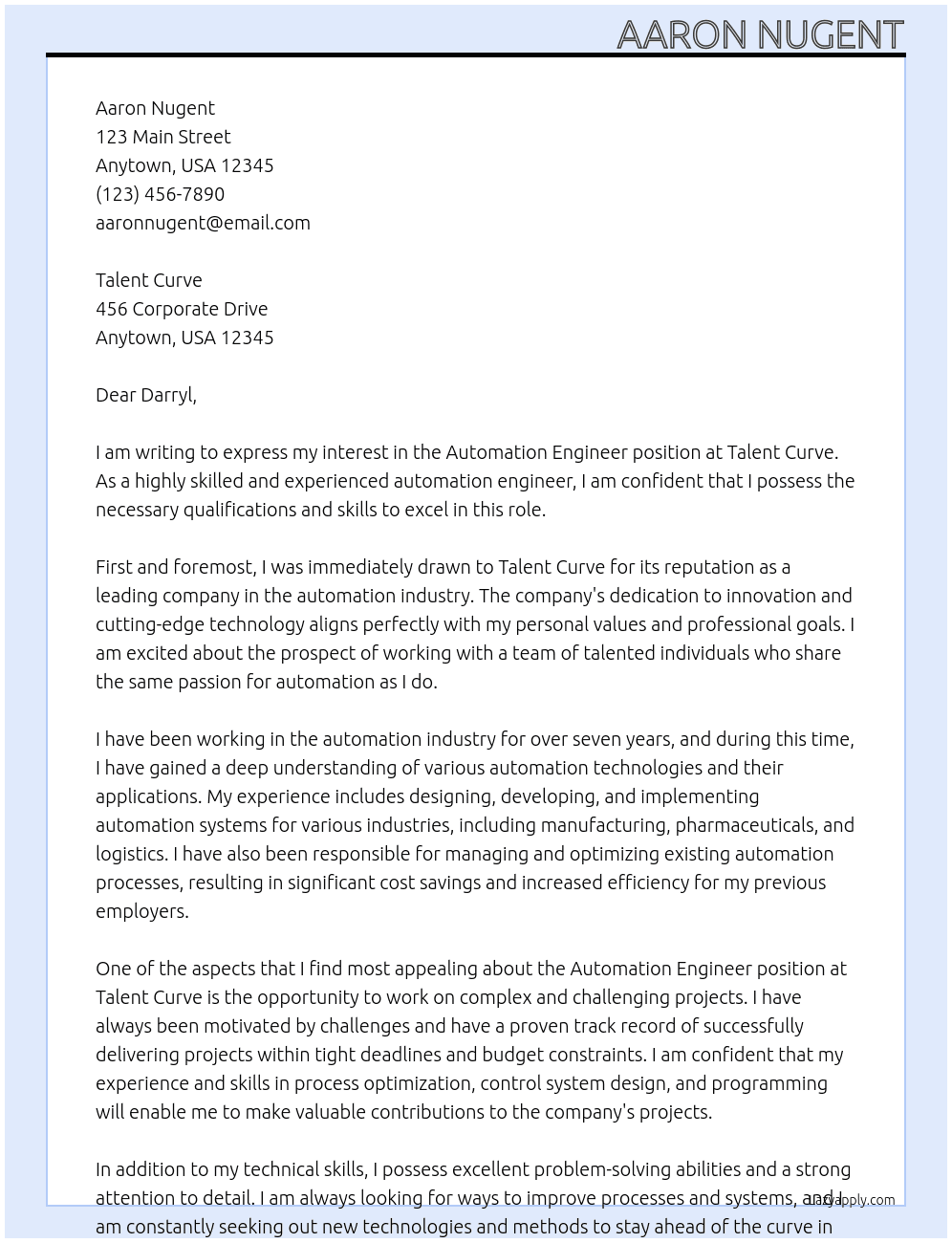 Automation Engineer At Talent Curve Cover Letter