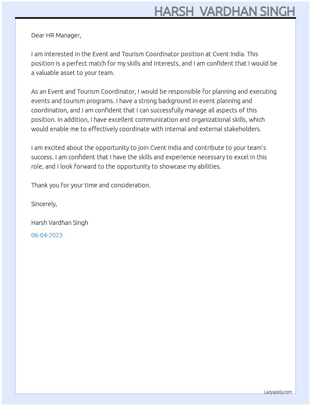 Event and Tourism Coordinator At Cvent India Cover Letter