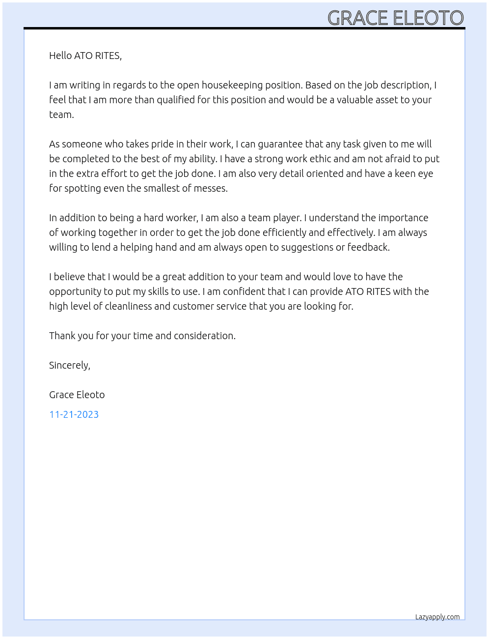 housekeeping  At ATO RITES Cover Letter