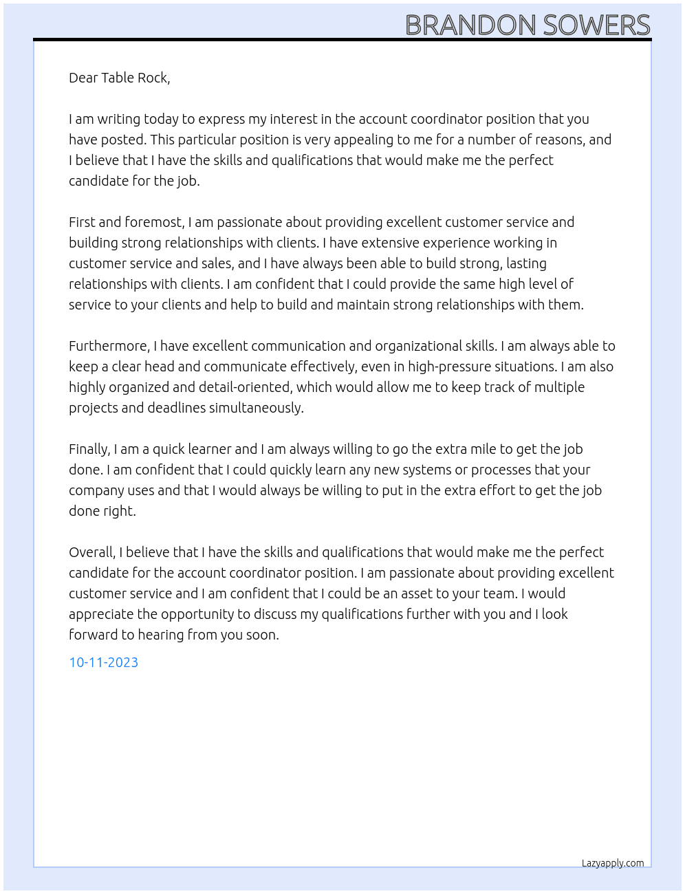 Account coordinator At Table Rock Cover Letter
