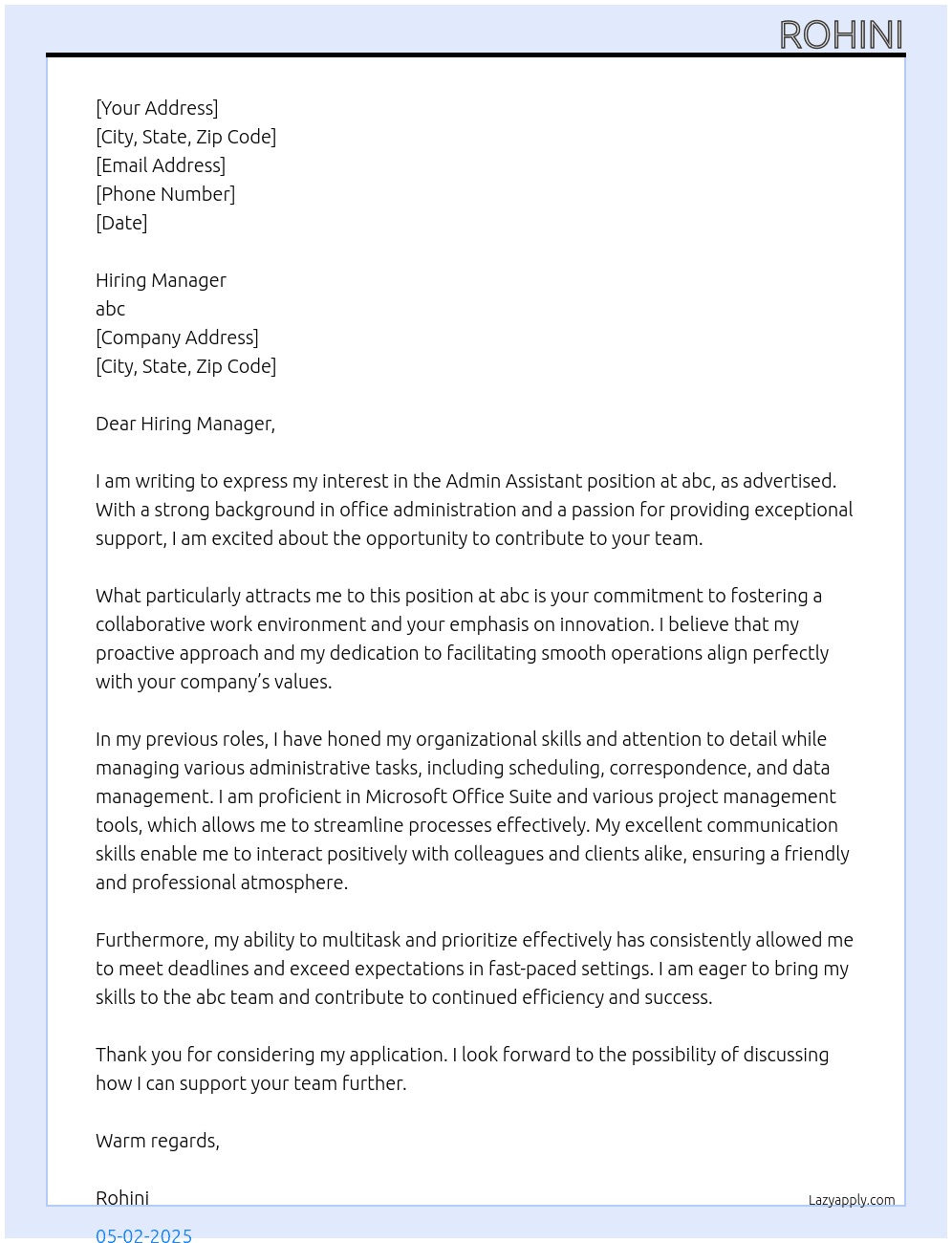 Admin Assistant At abc Cover Letter