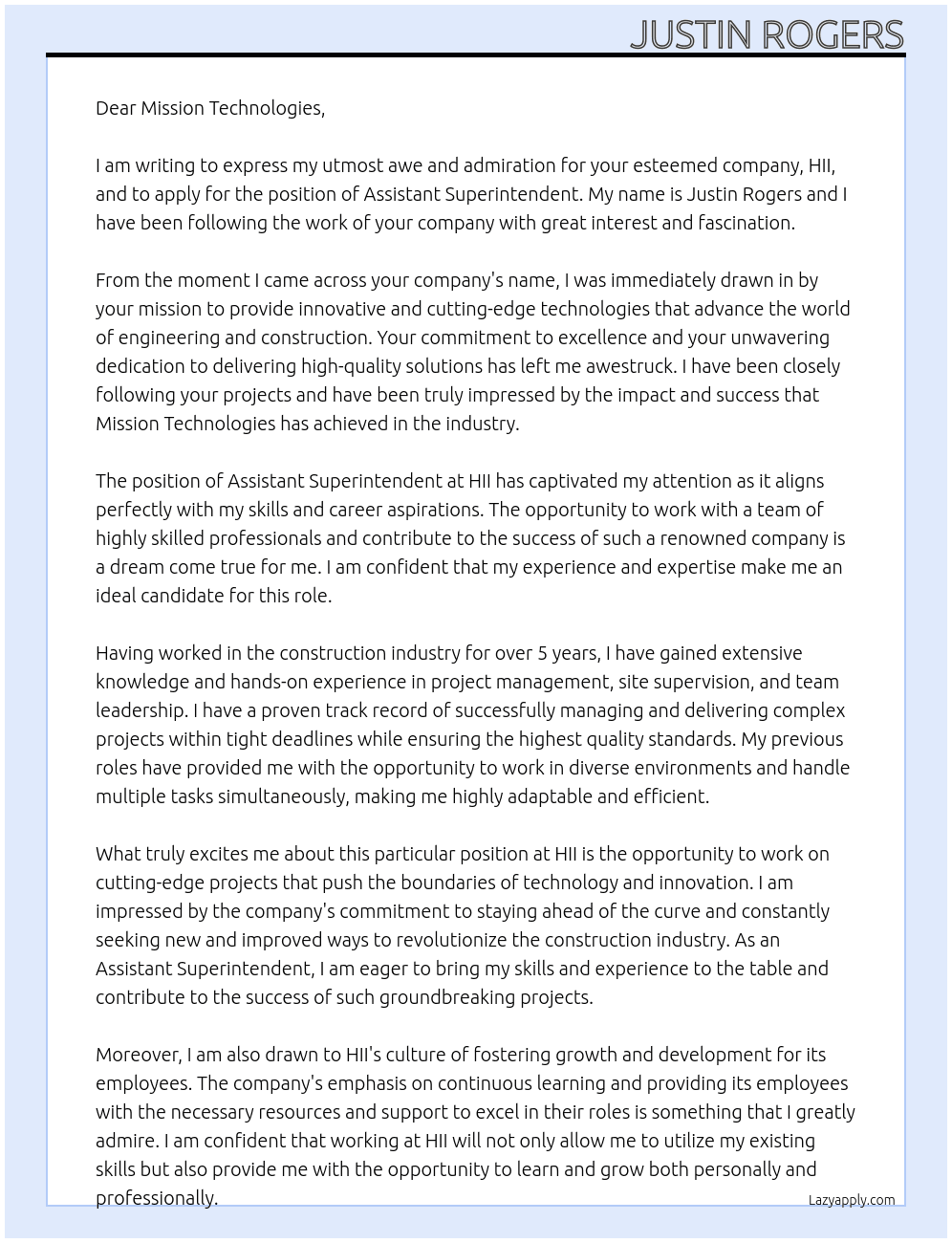 Assistant Superintendent  At HII Cover Letter