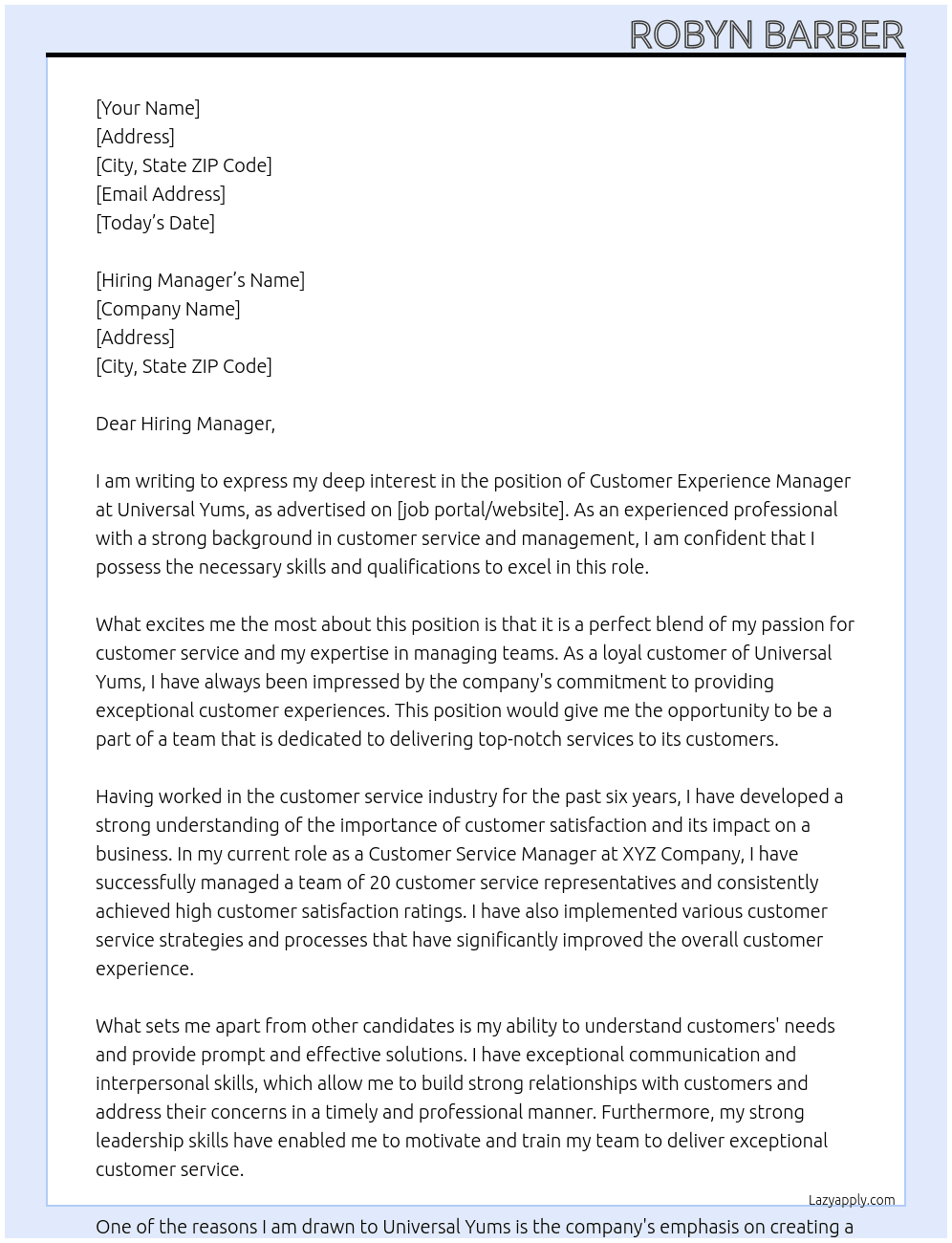 Customer Experience Manager At Universal Yums Cover Letter