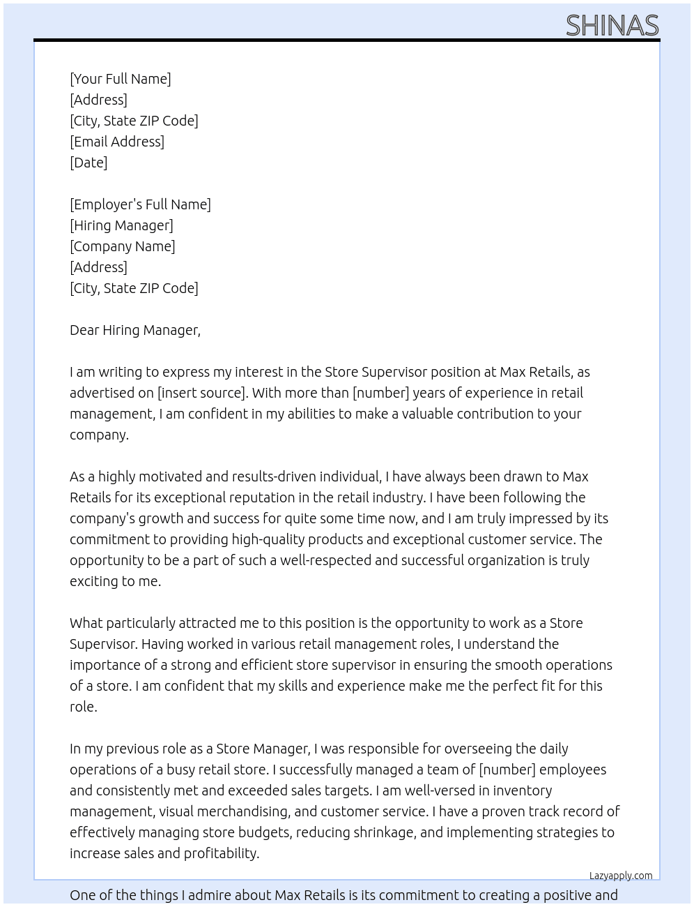 Store supervisor  At Max retails Cover Letter
