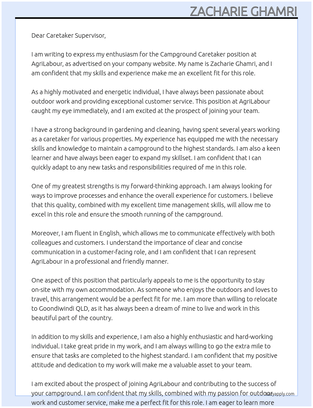 Campground caretaker At AgriLabour Cover Letter