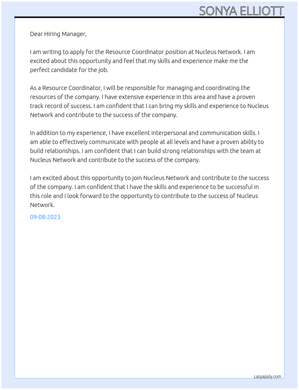 Resource Coordinator At Nucleus Network Cover Letter