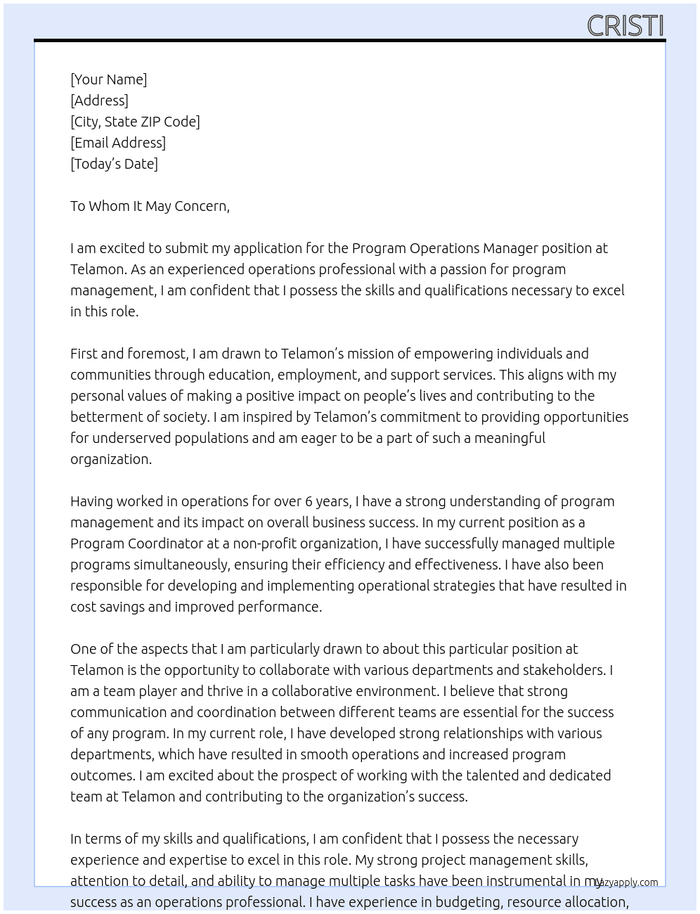 Program Operations Manager At Telamon Cover Letter