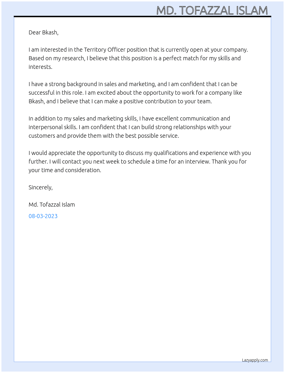 Territory Officer At Bkash Cover Letter