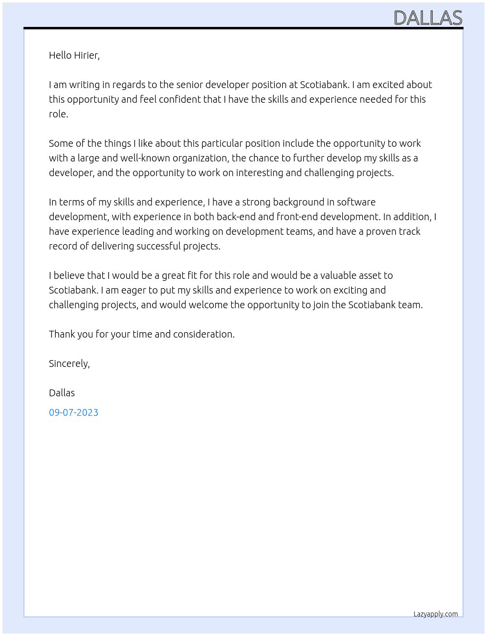 Senior developer At scotiabank Cover Letter