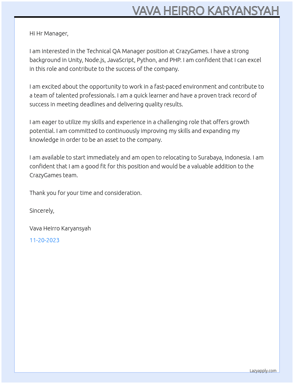 Technical QA Manager At CrazyGames Cover Letter