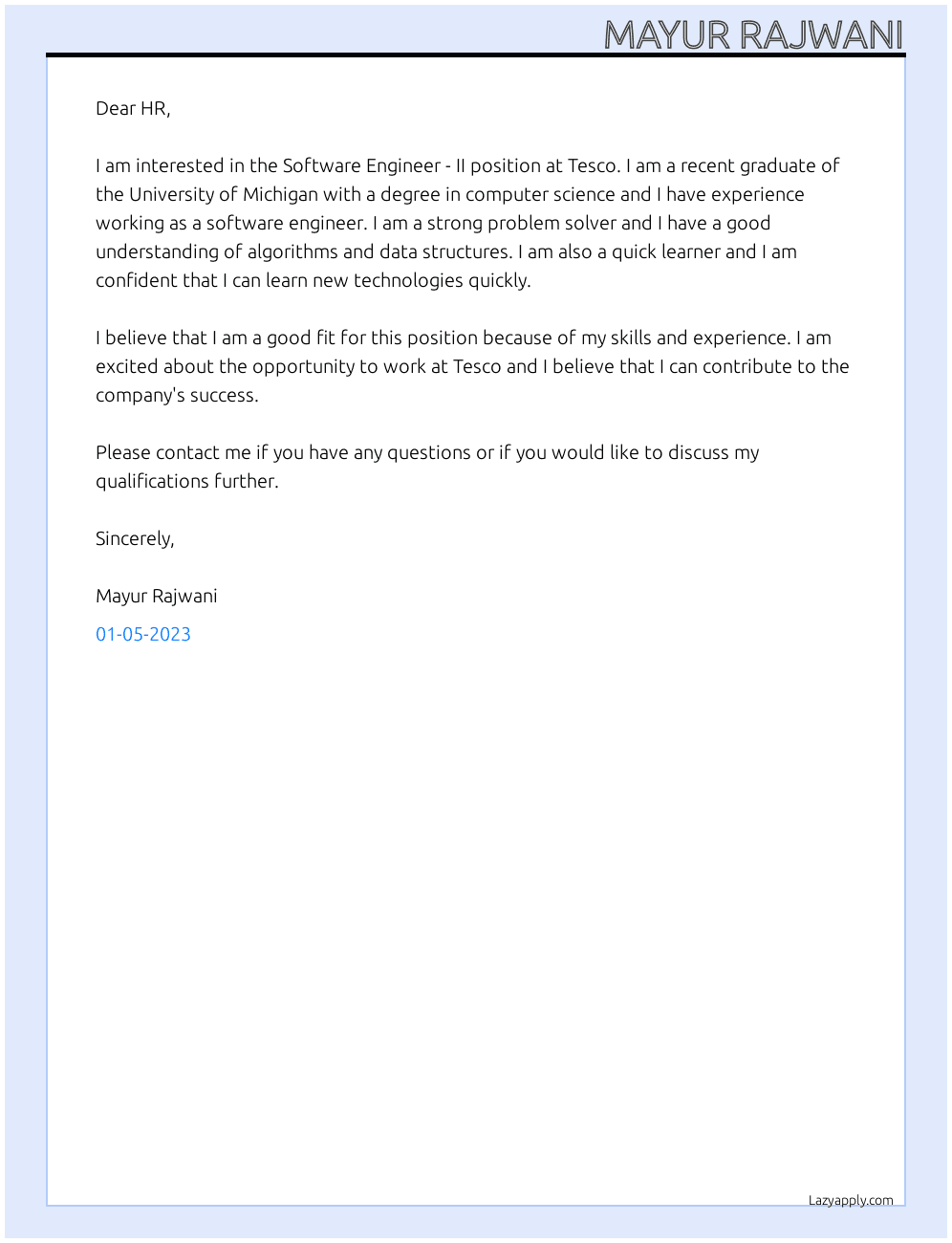 Software Engineer - II At Tesco Cover Letter