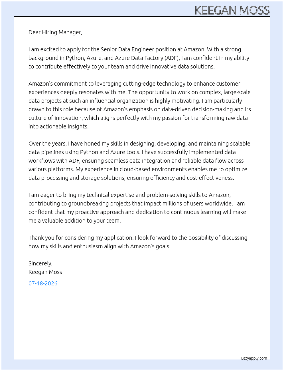 Senior Data Engineer At Amazon Cover Letter